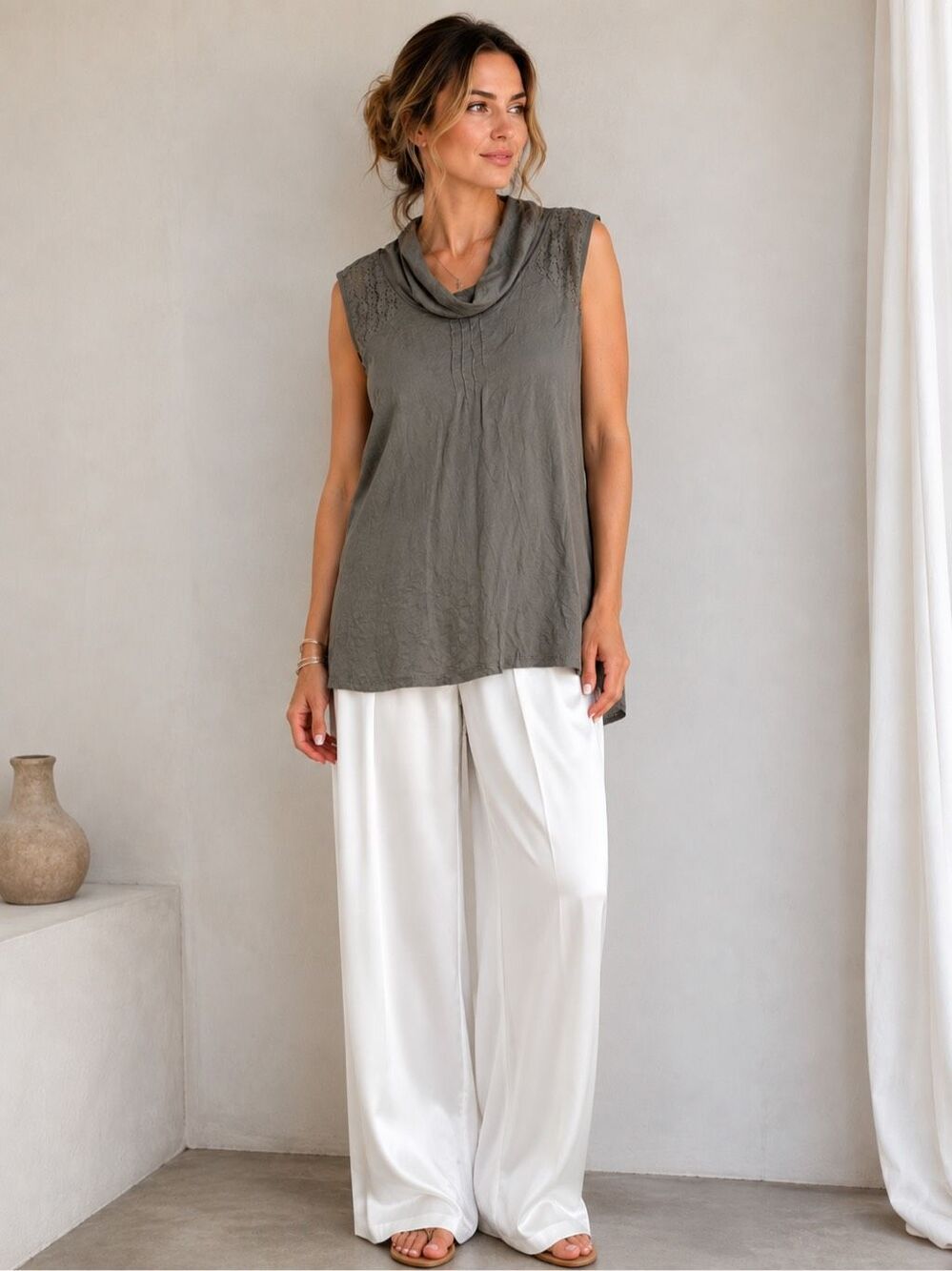 Street One Gray Olive Sleeveless Cowl Neck Lace Detail Tunic Top Size XL